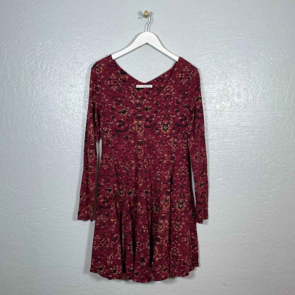 Peruvian Connection Women M Red Black Beige Printed Swing Dress Long Sleeve